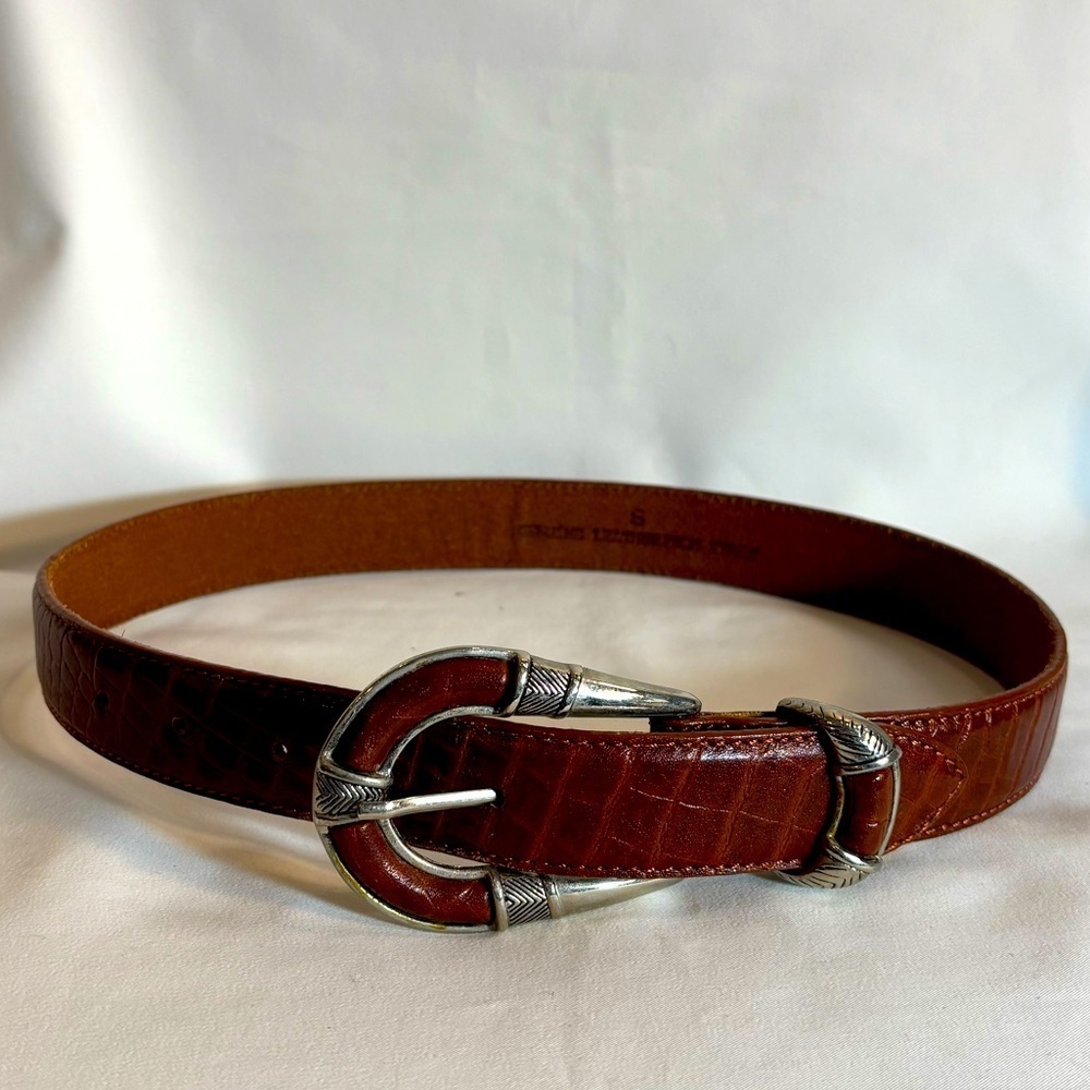 BELT Brown Leather with Ornate Western Vibe Silver Toned Buckle Made in Italy